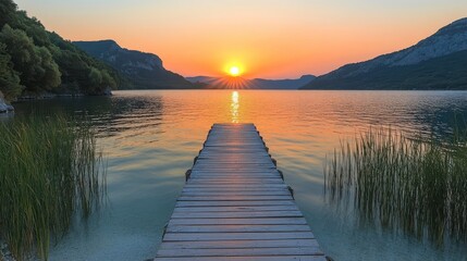 Naklejka premium Serene sunrise over calm lake with wooden pier. (2)