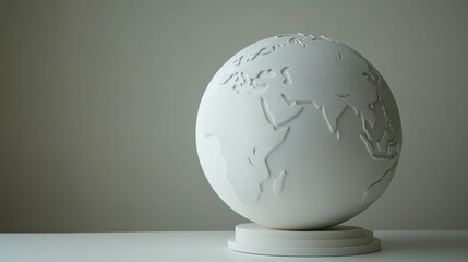 A minimalist white globe sculpture showcasing the Earth's continents and oceans, emphasizing simplicity and elegance in design.