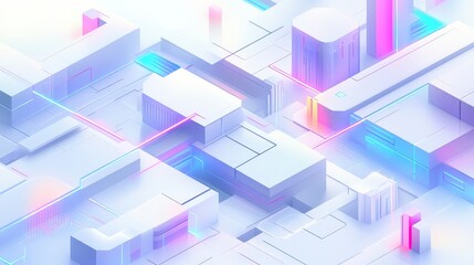 A vibrant, abstract digital landscape featuring geometric shapes and glowing neon accents in a futuristic color palette.