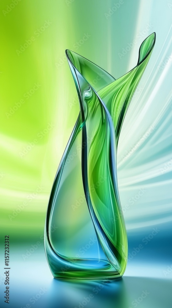 Wall mural Green glass vase with elegant curves standing on a reflective surface, illuminated by a gradient background blending green and blue tones, creating a visually appealing composition