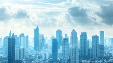 Obraz premium Aerial view of modern city skyline with clouds.