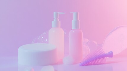 Beauty products in soft pastel colors.