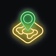 Glowing neon sign depicting a location pin above a map, perfect for indicating location and navigation