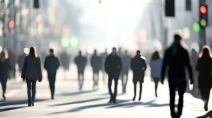 Blurred image of busy city pedestrians walking.
