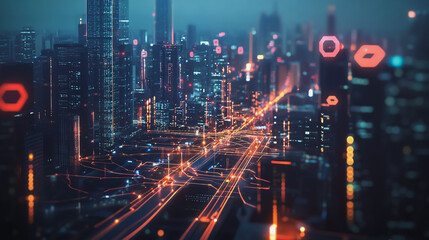 Fototapeta premium Smart digital Innovation city with connection network reciprocity over the cityscape. of future smart wireless digital city and social media networking systems that connects people with in city