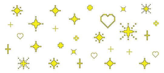 Yellow sparkling elements of Y2K stars. Glittering pixel art. Hearts. 90's aesthetic mood. 8-bit editable vector illustration. Game abstract on white background.