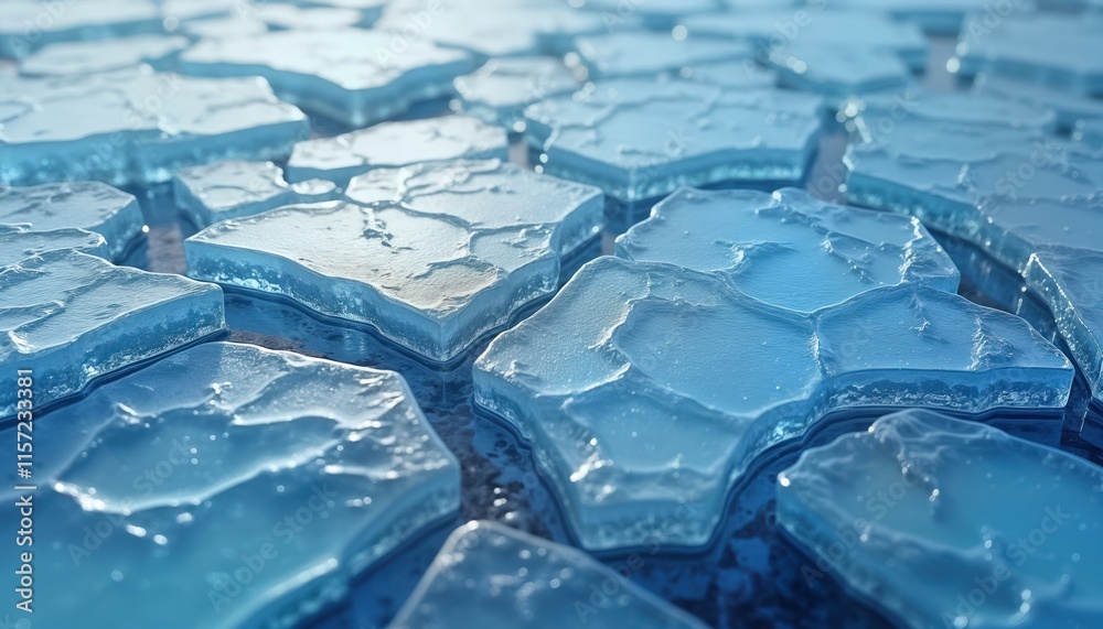 Poster Frozen water surface with many cracked ice blocks. Ice crystals create textured design. Abstract winter background. Cool colors. Natural phenomenon. Closeup view of ice. Water surface fractured.