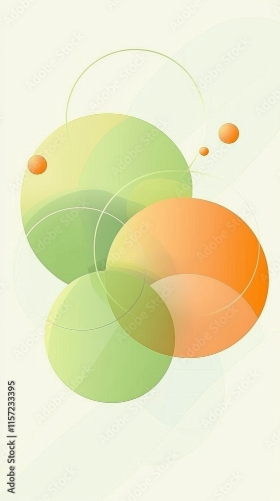 Poster intertwined green and orange circles, along with smaller spheres and subtle lines, create a dynamic 