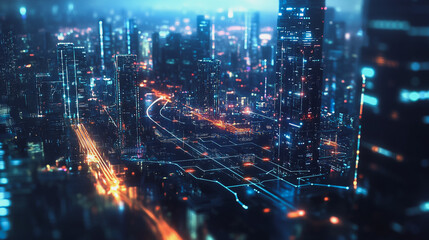 Fototapeta premium Smart digital Innovation city with connection network reciprocity over the cityscape. of future smart wireless digital city and social media networking systems that connects people with in city