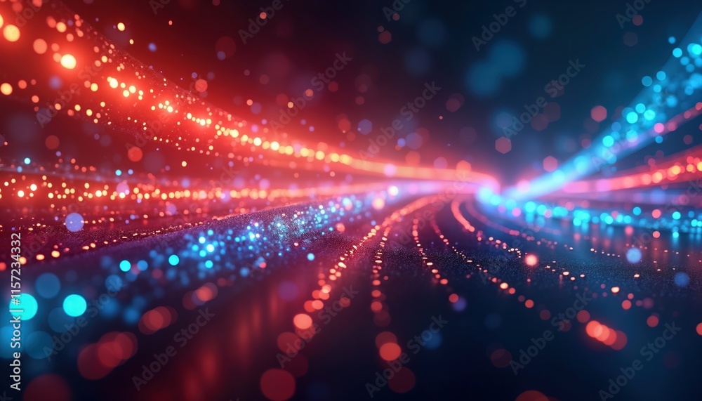 Poster Abstract futuristic design. Red, blue light streaks create dynamic pattern. Bokeh effect. Vibrant colors. Modern graphic design. Concept for tech illustration wallpaper. Illustrative representation