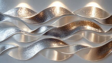 A shimmering wave pattern showcases silver and metallic tones, creating a dynamic and modern design element.