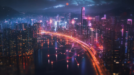 Fototapeta premium Smart digital Innovation city with connection network reciprocity over the cityscape. of future smart wireless digital city and social media networking systems that connects people with in city