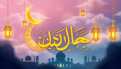 Ramadan Mubarak Calligraphy with Golden Lanterns and Mosque Silhouette