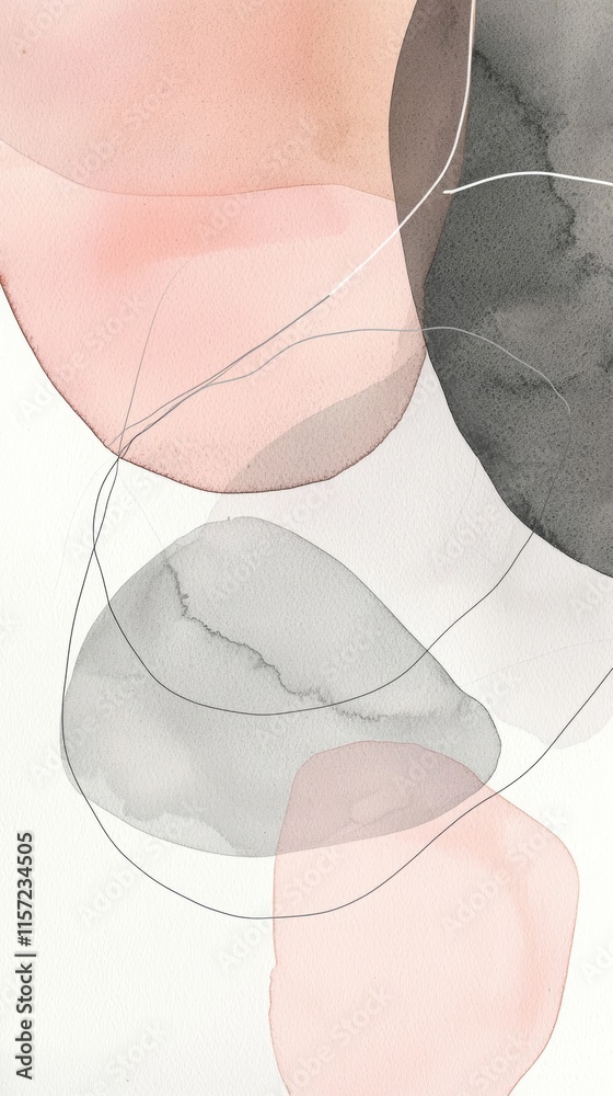 Poster creating an abstract background with soft pastel pink and gray watercolor shapes, establishing a min
