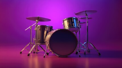 Modern Drum Set on a Colorful Background with Purple Lighting