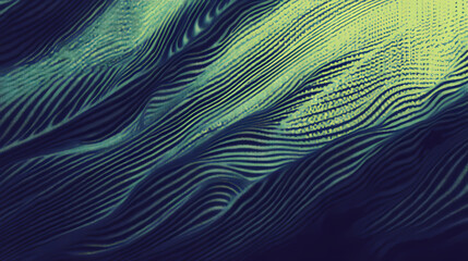 Ai generated abstract dark navy blue and green spindrift waves of pixels dots with glitched noise retro futuristic cyberpunk vibe matrix digital storm depth of field blur. Spindrift. Illustration