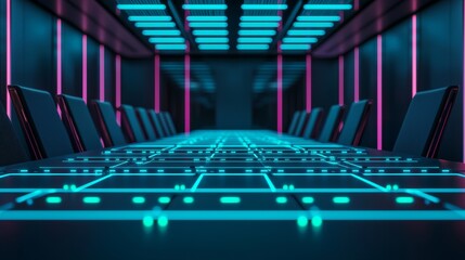 Fiber optic access concept. Futuristic conference room with neon lighting effects.
