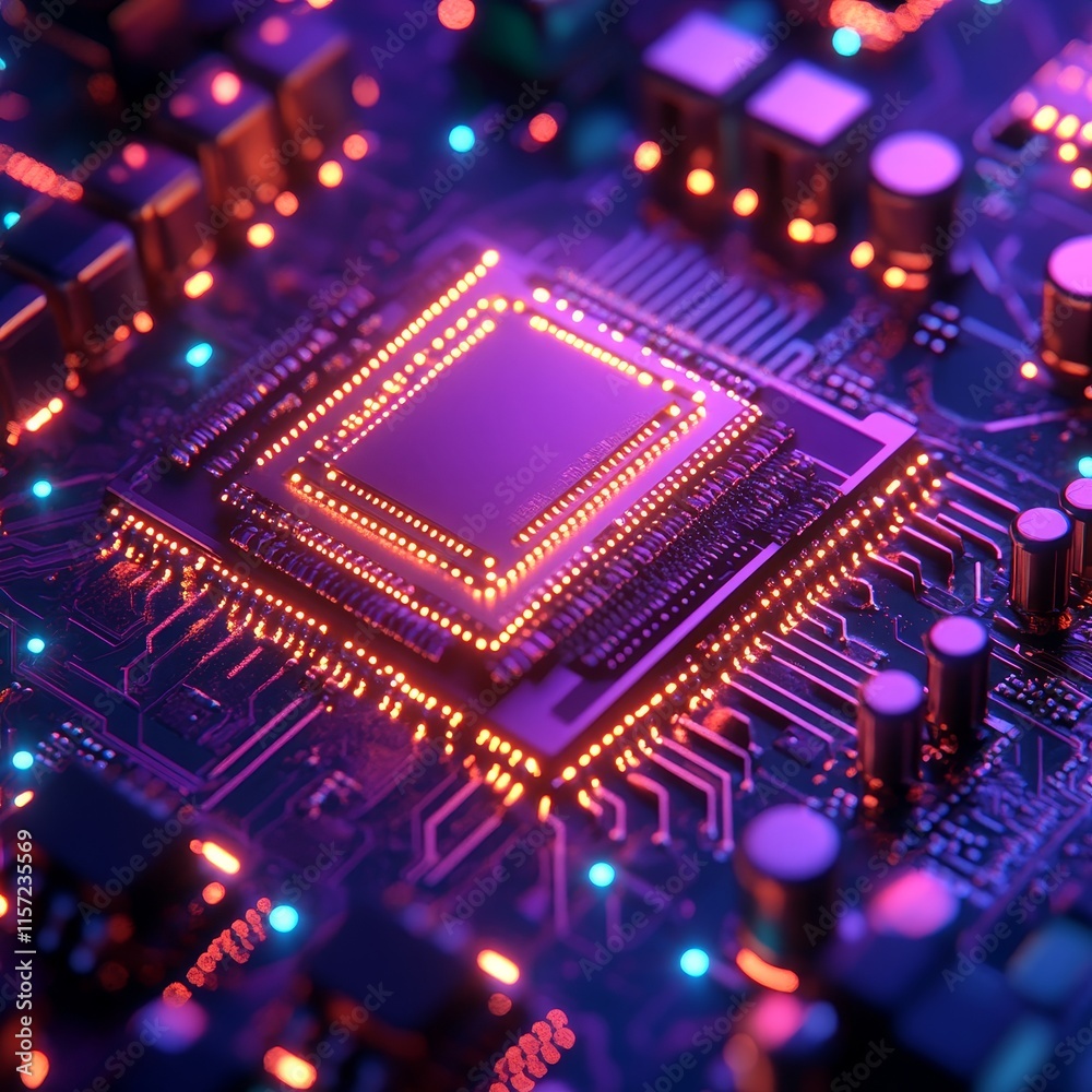 Poster close-up view of a computer circuit board with vibrant circuitry and glowing elements during a moder
