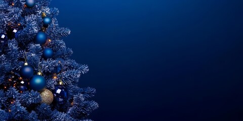 Fototapeta premium Elegant Blue Christmas Tree Adorned With Ornaments Against a Dark Backdrop Creating a Festive Atmosphere for Holiday Celebrations
