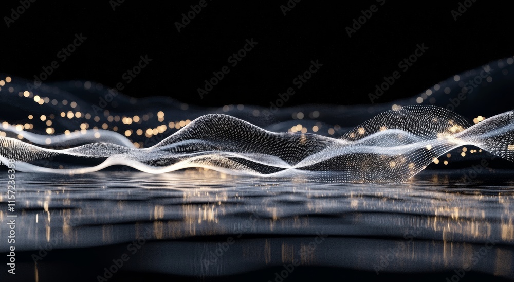 Poster abstract representation of flowing waves illuminated by soft light against a dark background demonst