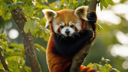 Playful Red Panda Explores Lush Treetops in a Vibrant Forest Setting During Daylight
