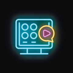 Fototapeta premium Neon video player interface on a computer screen glowing on a dark background