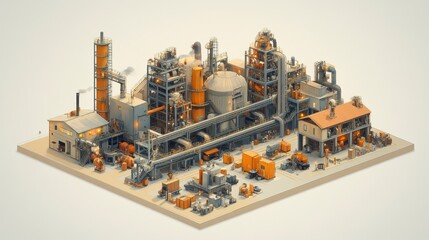 A detailed, isometric view of an industrial complex featuring various structures, pipes, and vehicles, showcasing a vibrant, operational manufacturing environment.