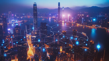 Fototapeta premium Smart digital Innovation city with connection network reciprocity over the cityscape. of future smart wireless digital city and social media networking systems that connects people with in city