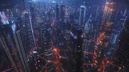 Obraz premium Smart digital Innovation city with connection network reciprocity over the cityscape. of future smart wireless digital city and social media networking systems that connects people with in city