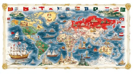 Naklejka premium A colorful vintage-style map showcasing various countries, ships, and flags, illustrating maritime exploration and global geography.