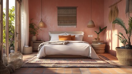 Bright Boho Bedroom with Minimal Woven Baskets