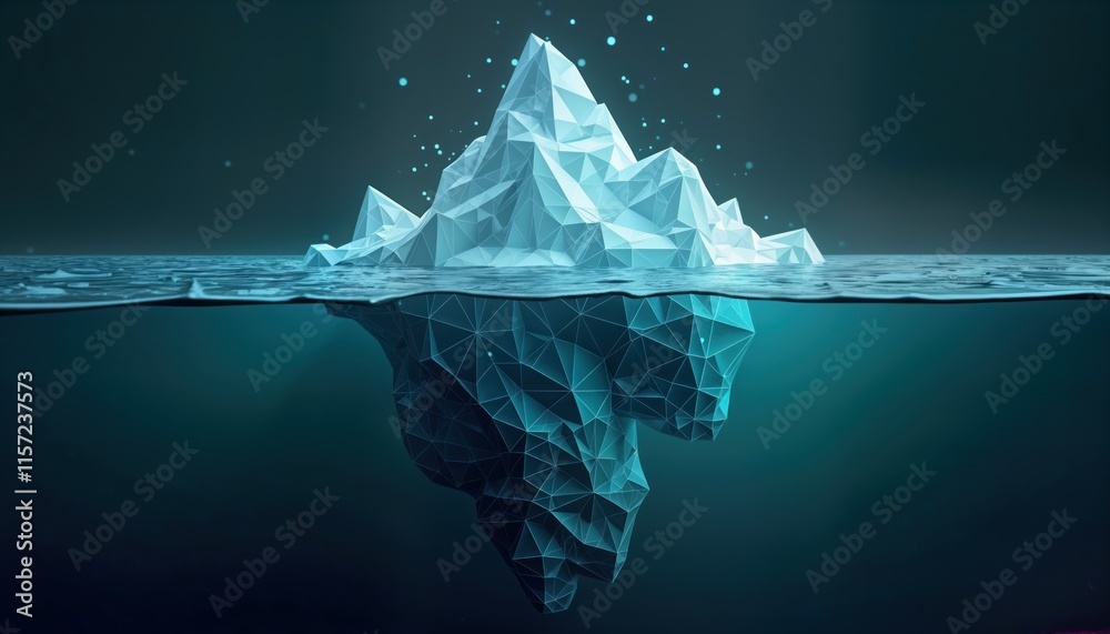 Aufkleber Futuristic iceberg submerged in ocean. Geometric digital design big data hard work. Low poly style shows hidden complexity of ocean depths. Illustrative image for concepts of hidden data, big tech.