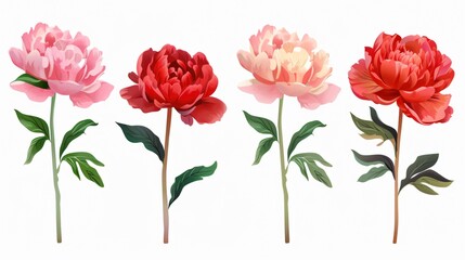 Elegant Four Beautiful Peony Flowers White Background Floral Design