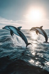 Fototapeta premium Dolphins leaping gracefully over ocean waves at sunset near a serene coastline