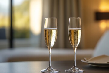 Fototapeta premium Two champagne glasses rest quietly on a minimalist table against a blurred background of a serene, tastefully furnished interior, evoking tranquility and elegance.