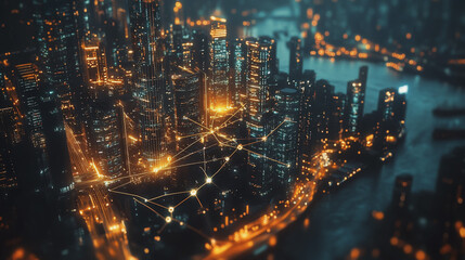 Fototapeta premium Smart digital Innovation city with connection network reciprocity over the cityscape. of future smart wireless digital city and social media networking systems that connects people with in city