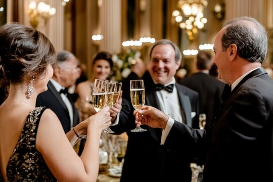 A sophisticated party scene with elegantly dressed guests toasting with champagne in a lavishly decorated room featuring chandeliers and warm lighting.