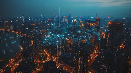Fototapeta premium Smart digital Innovation city with connection network reciprocity over the cityscape. of future smart wireless digital city and social media networking systems that connects people with in city