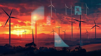 Digital graphs superimposed on a tranquil scene with wind turbines against a twilight sky, signifying the meeting point of technology and renewable energy - Powered by Adobe