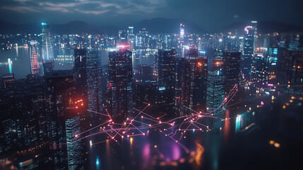 Obraz premium Smart digital Innovation city with connection network reciprocity over the cityscape. of future smart wireless digital city and social media networking systems that connects people with in city