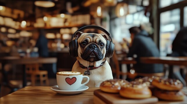 Pug in headphones enjoying coffee with donuts at a cozy caf&eacute;, relaxed and cute vibes for dog lovers and coffee fans alike.
