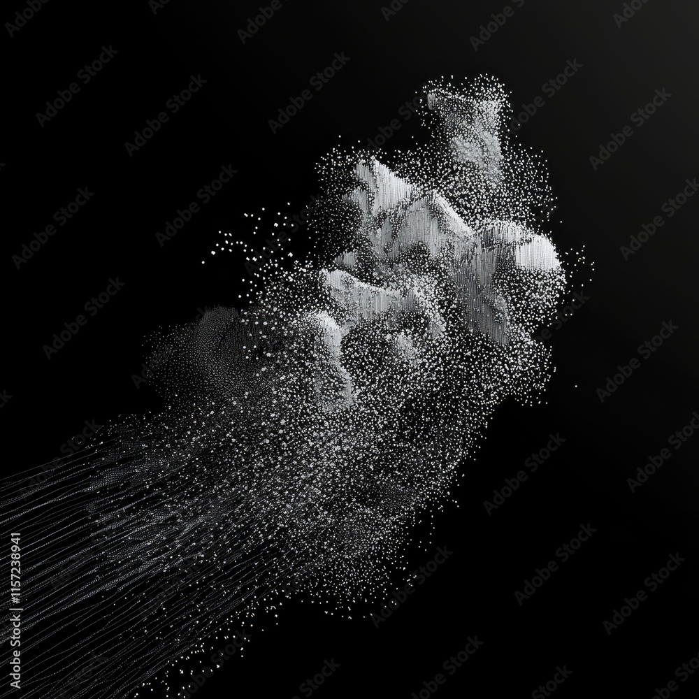 Poster dynamic display of particles creating a cloud-like formation on a black background during an artisti