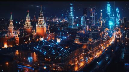 Obraz premium Smart digital Innovation city with connection network reciprocity over the cityscape. of future smart wireless digital city and social media networking systems that connects people with in city