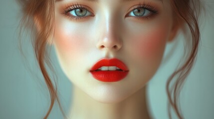 Fototapeta premium Portrait of a young woman with striking features, bright blue eyes, and bold red lips, showcasing a soft expression against a neutral background