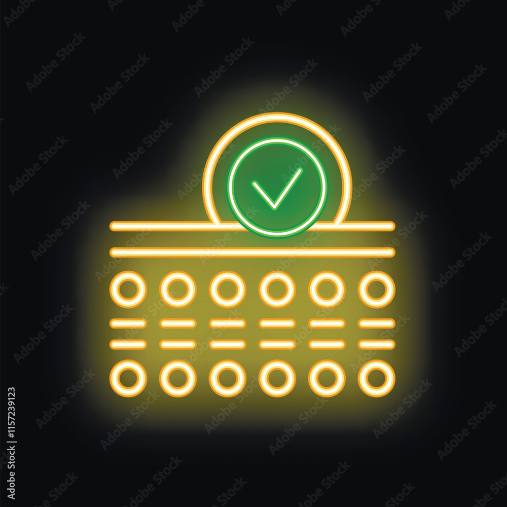 Poster glowing neon icon of successful data verification process represented by abstract microchip with che