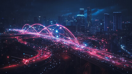 Fototapeta premium Smart digital Innovation city with connection network reciprocity over the cityscape. of future smart wireless digital city and social media networking systems that connects people with in city