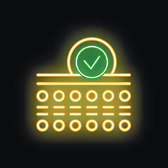 Glowing neon icon of successful data verification process represented by abstract microchip with check mark
