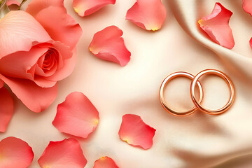 Romantic wedding celebration with rose petals and rings elegant setup indoor ambiance love concept