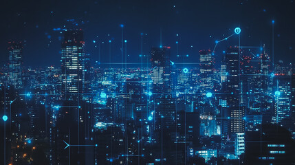 Fototapeta premium Smart digital Innovation city with connection network reciprocity over the cityscape. of future smart wireless digital city and social media networking systems that connects people with in city