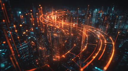 Obraz premium Smart digital Innovation city with connection network reciprocity over the cityscape. of future smart wireless digital city and social media networking systems that connects people with in city